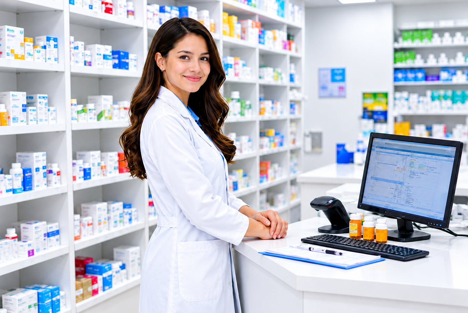 A pharmacist at her counter in front of stocked medicine shelves
