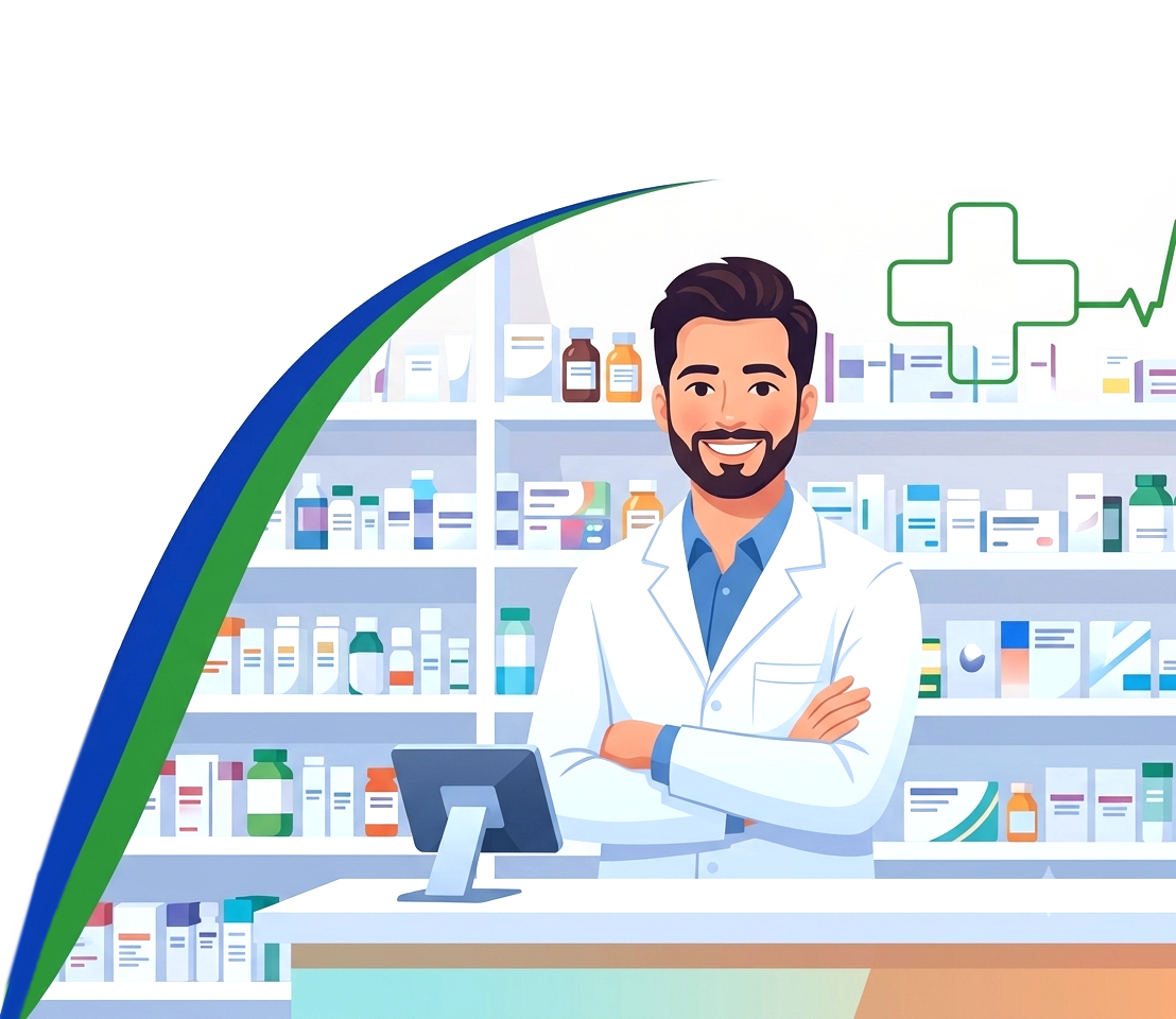 A pharmacist in a white coat